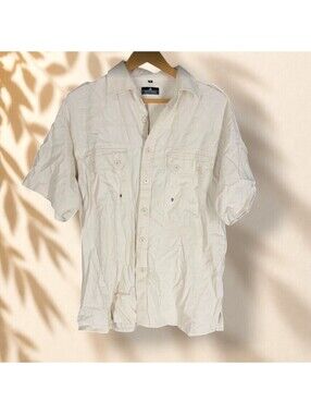 Vittorino Shirt Men M Medium Beige Button Up Collared Short Sleeve Linen Pockets